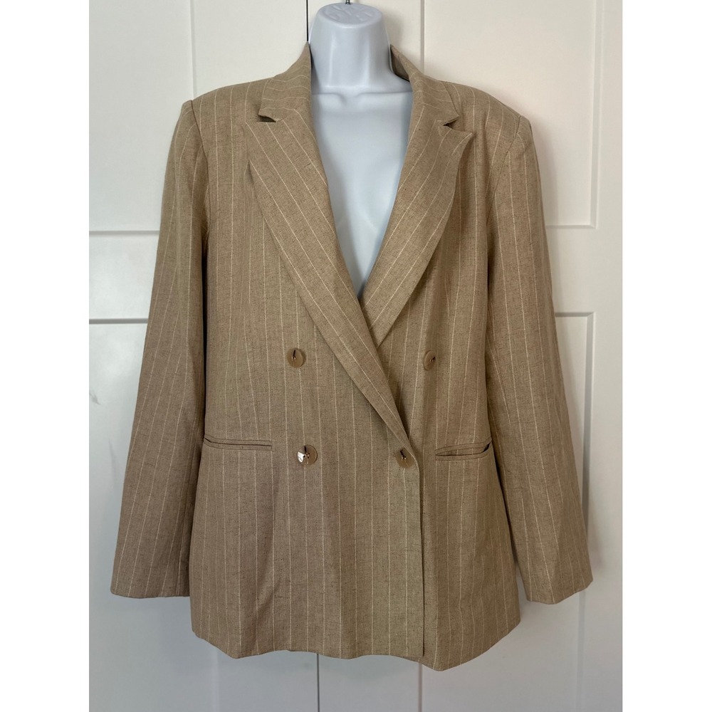 Maeve Anthropologie Beige Pinstripe Linen Blend Double Breasted Blazer Large